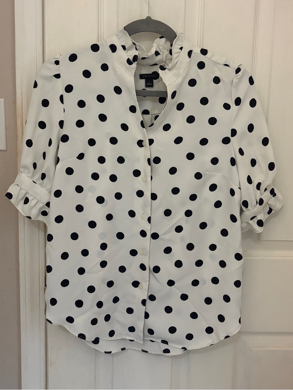 Ann Taylor Polka Dotted Stand Up Collar Ruffle Sleeve Top - Picture 3 of 10